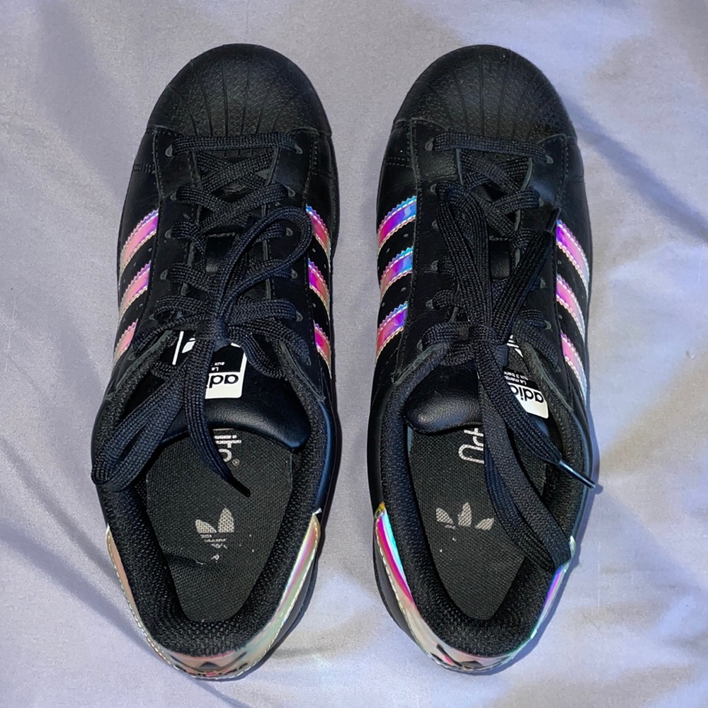 Black Adidas with Holographic Stripes Superstar Sneakers 🌈